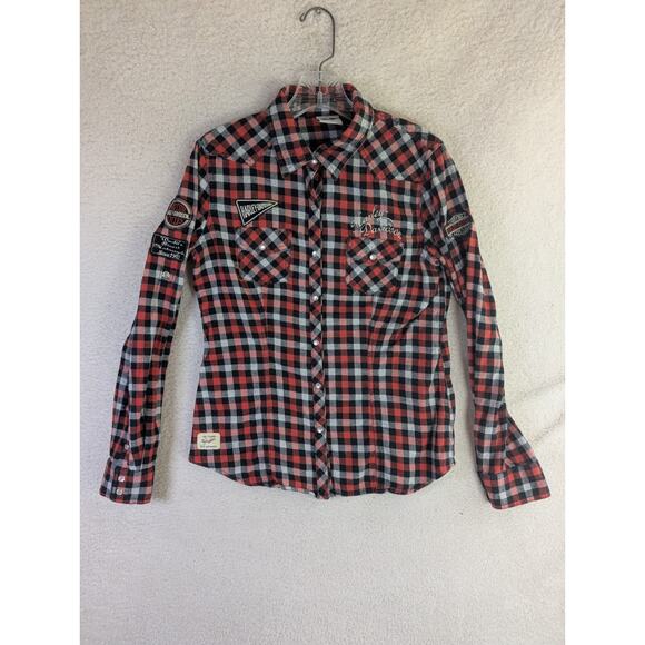 Harley Davidson Shirt Womens Medium Red Black Plaid Roll Tab Sleeve Pearl Snap - Picture 1 of 16